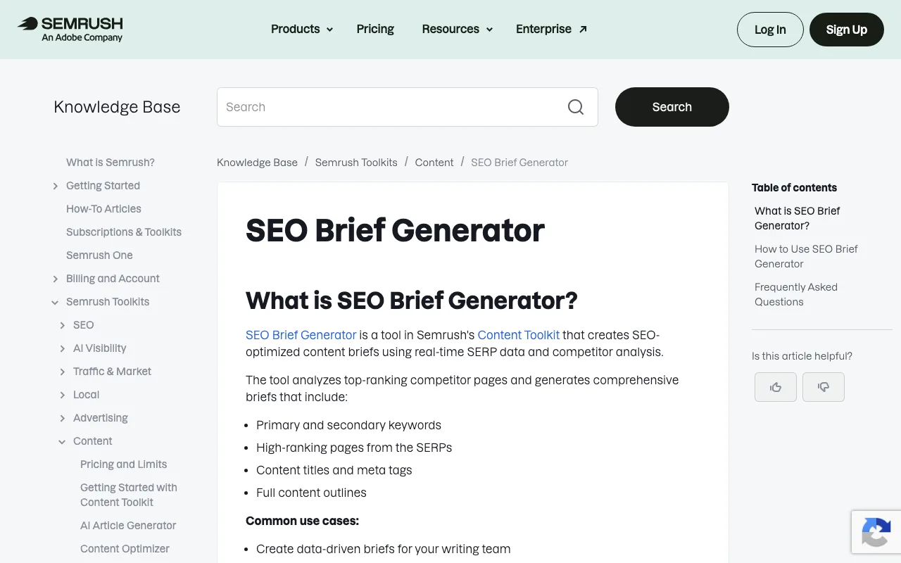 Semrush SEO Brief Generator documentation