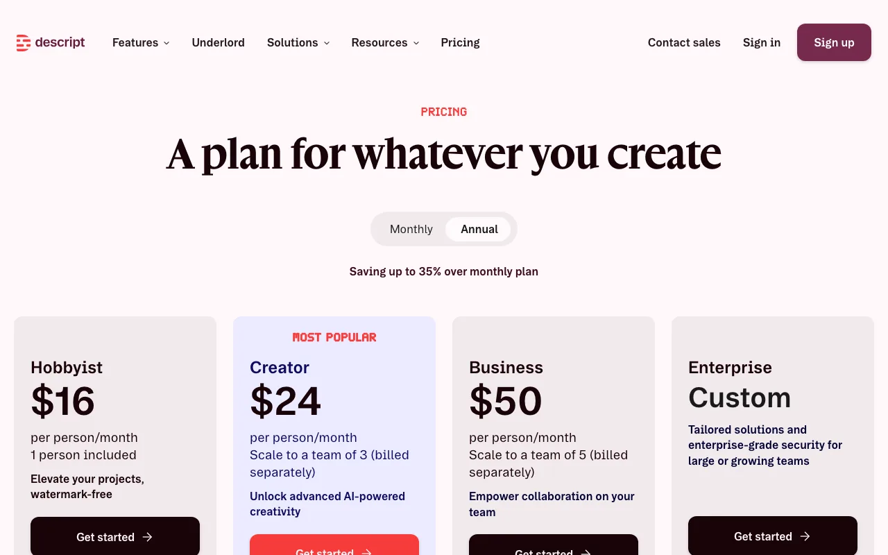 Descript official pricing page